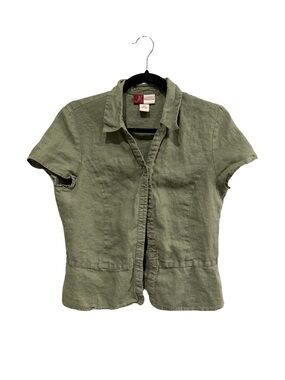 JM Collection Olive Green 100% Linen Button Front Top Petite
